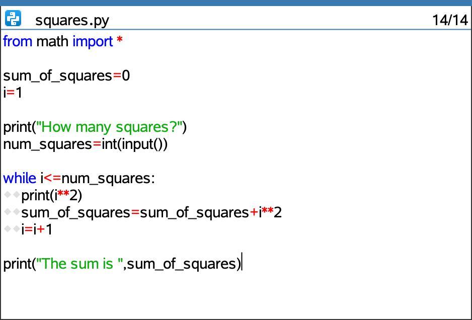 Counters and accumulators; Squares program that utilizes loops